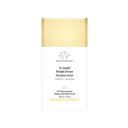 Drunk Elephant front bottle showing golden serum and clean design for easy identification and glow