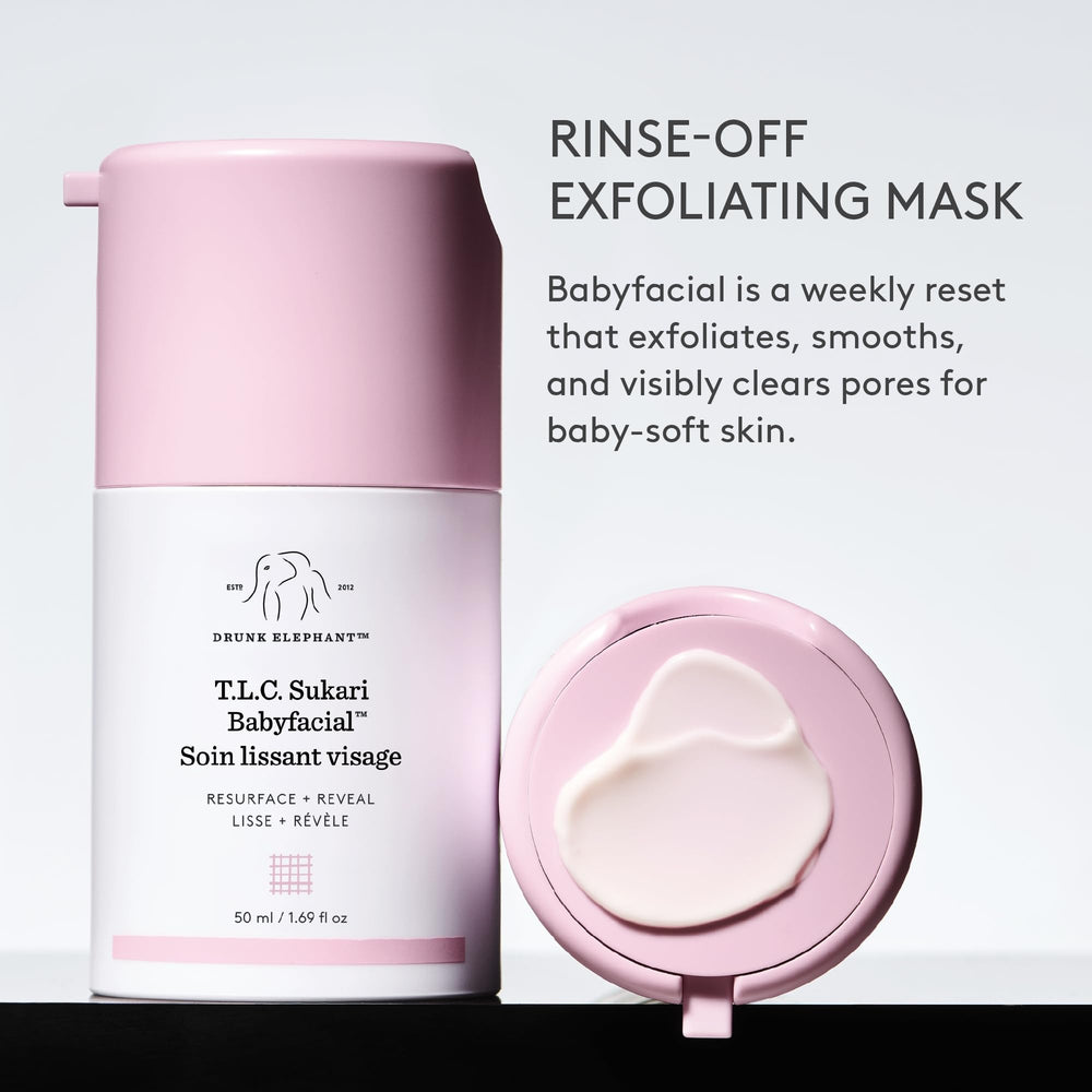 Drunk Elephant facial mask on model demonstrating visible resurfacing action
