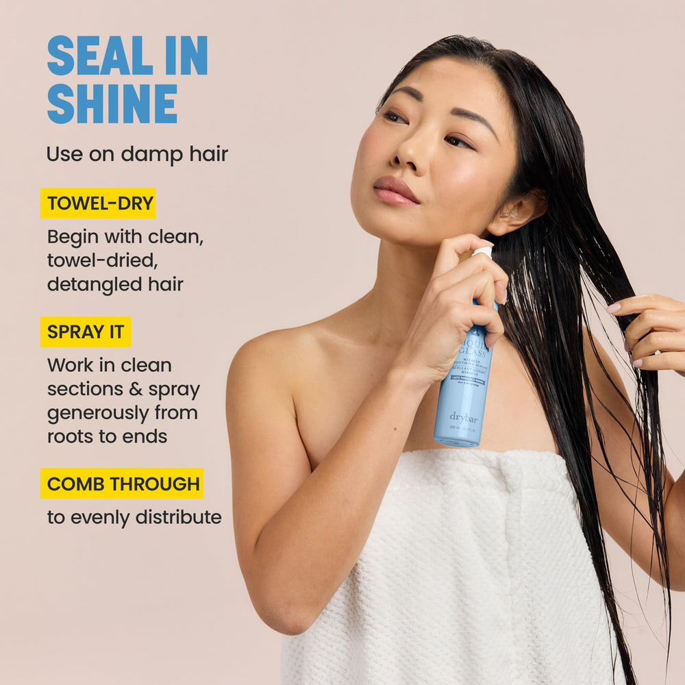 Drybar travel bottle inside a toiletry bag for on-the-go shine benefit