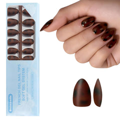 Dsixnails front packaging showing tortoiseshell short almond nails for ready wear