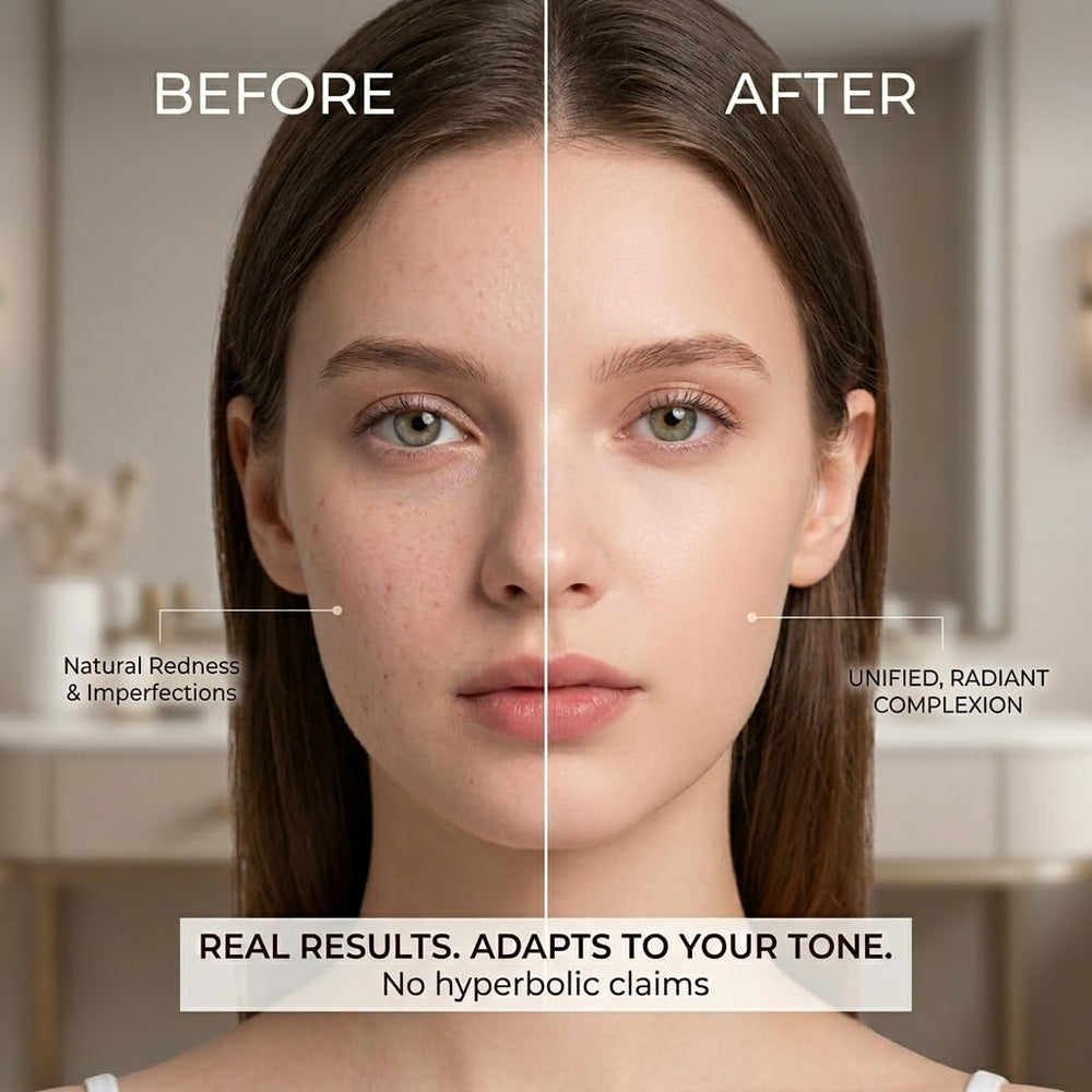 DTMIEAXN mature woman applying foundation in natural light showing flattering radiance benefit