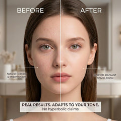 DTMIEAXN mature woman applying foundation in natural light showing flattering radiance benefit