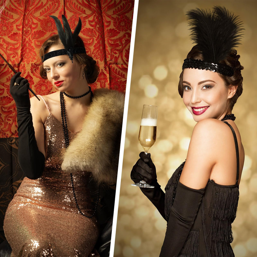 DTOFOOT model wearing a flapper headband demonstrating comfortable fit and style