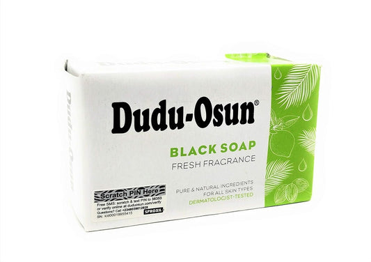 Dudu-Osun front packaging showing natural bars and label, highlights authentic origin and purity