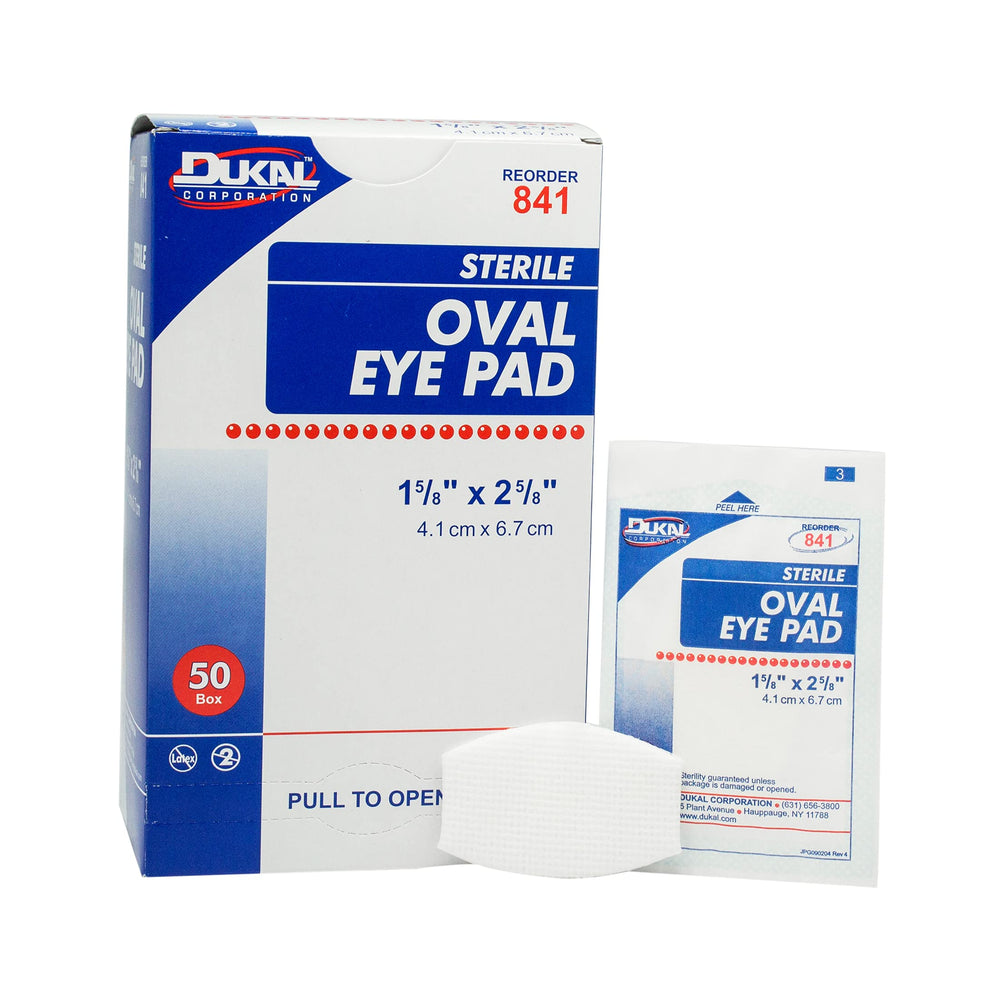 Dukal oval eye pads box front view showing dispenser and quantity for convenient storage