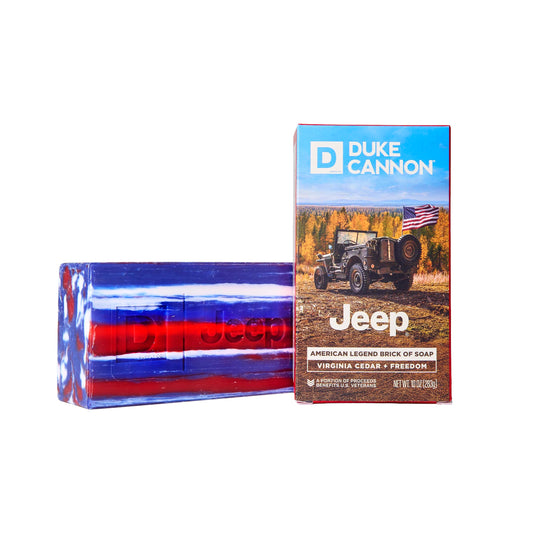 Duke Cannon American Legend front packaging showing rugged label and large 10 oz bar, durable use