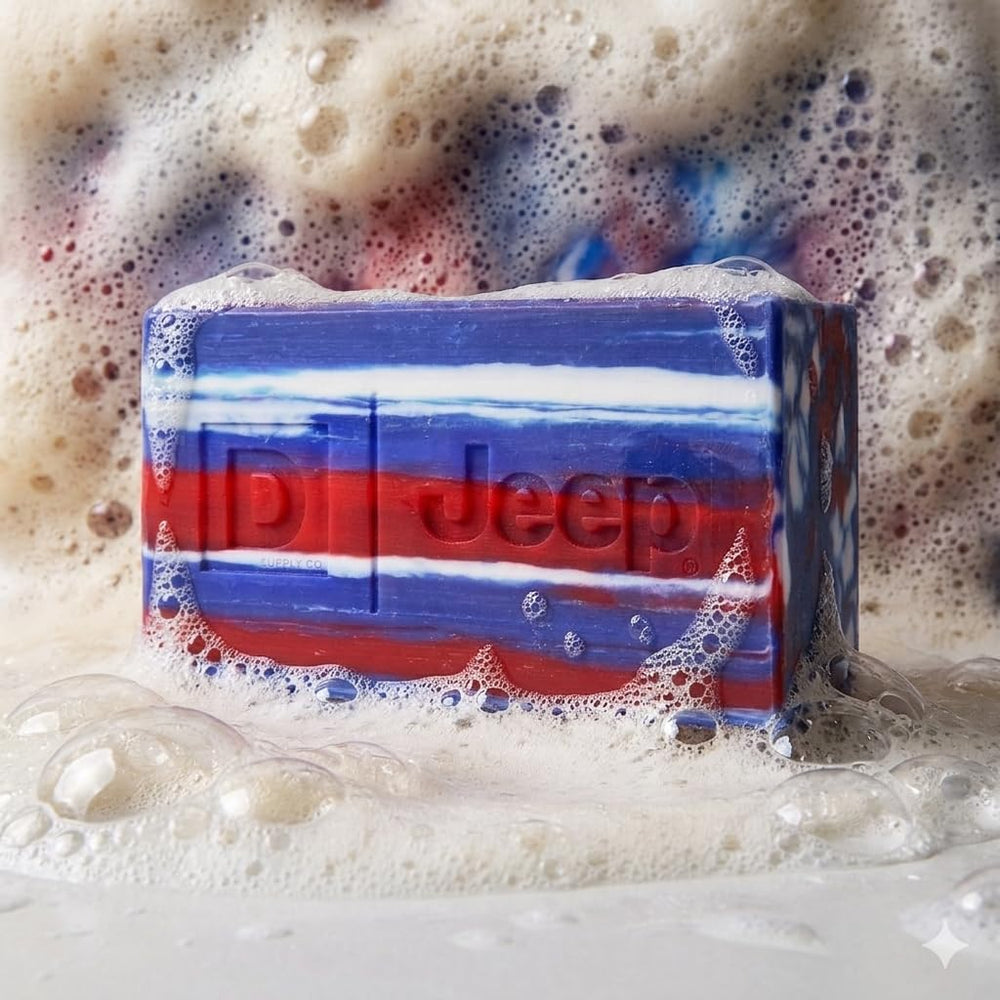 Duke Cannon bar in shower lifestyle with lathered hands demonstrating rich foam and effective cleansing