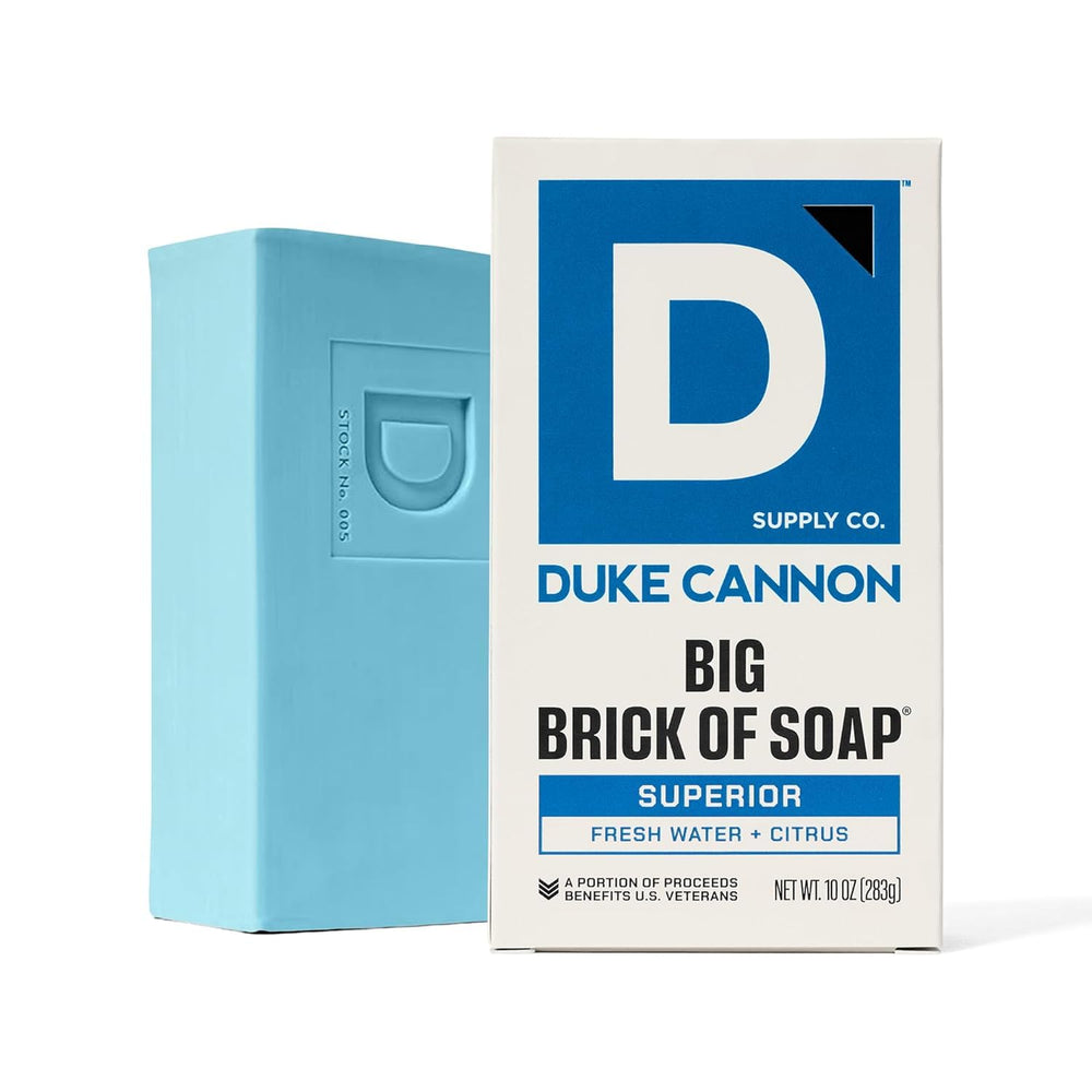 Duke Cannon bar resting on draining soap dish to prolong bar life.