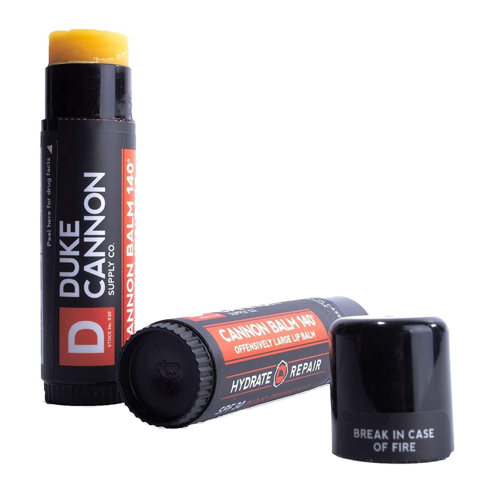 Duke Cannon blood orange lifestyle camping scene with balm visible, practical for rugged trips