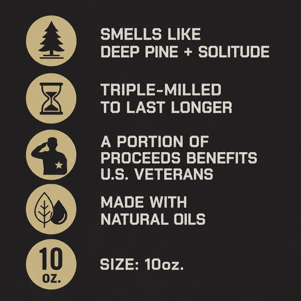 Duke Cannon soap with outdoor gear evoking rugged, fresh scent benefit