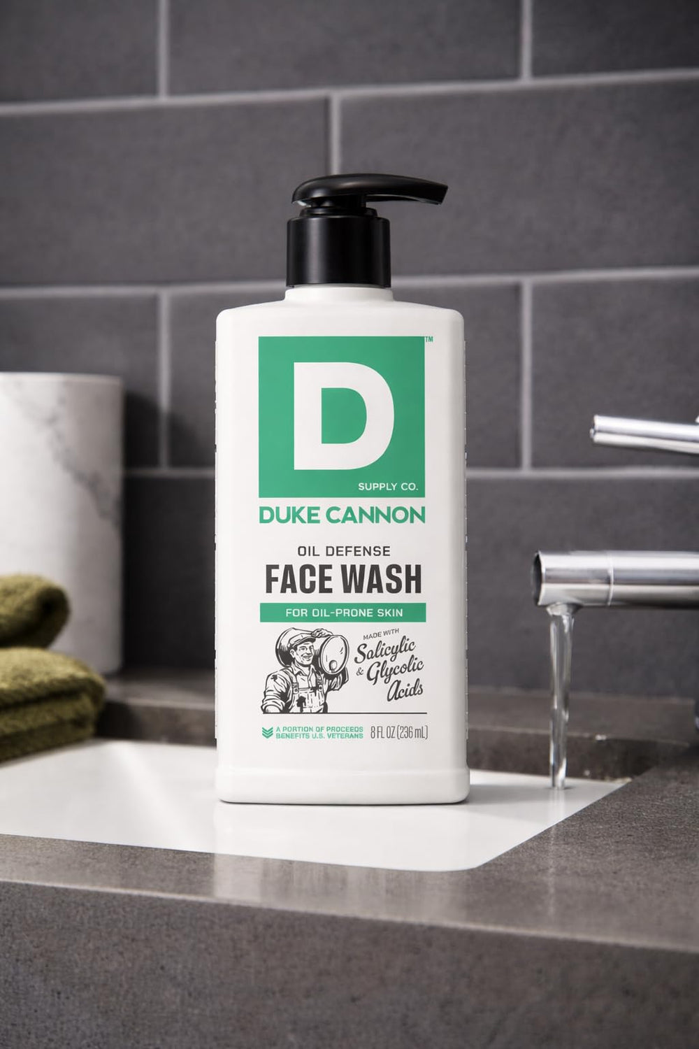 Duke Cannon face wash in shower lifestyle showing easy daily use and refreshed skin