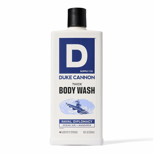 Duke Cannon front bottle showing sturdy packaging and clear branding benefit