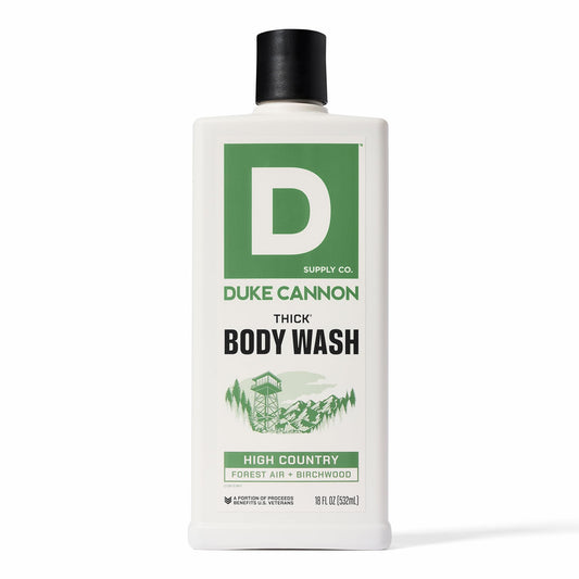 Duke Cannon front packaging showing bold label and 18 oz bottle benefit: durable supply