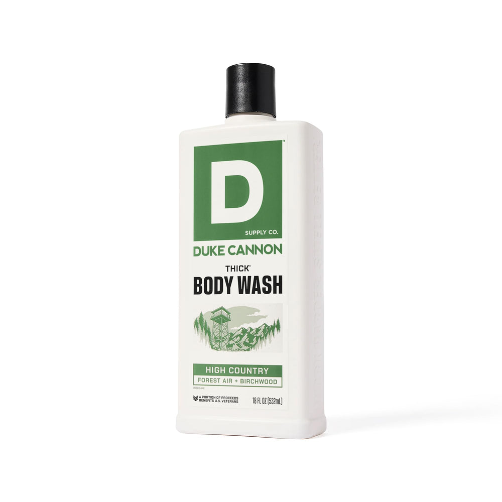 Duke Cannon bottle placed on shower shelf suggesting daily grooming convenience and freshness