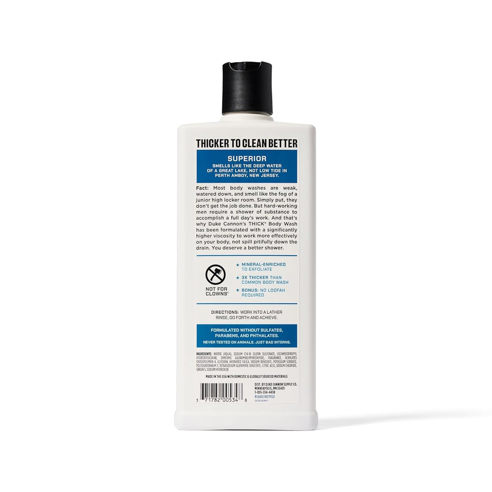 Duke Cannon label closeup highlighting ingredients and Superior scent notes for clarity
