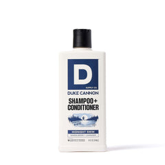 Duke Cannon front bottle showing Midnight Swim label and scent benefit