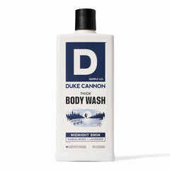 Duke Cannon front bottle showing Midnight Swim scent and strong cleaning benefit