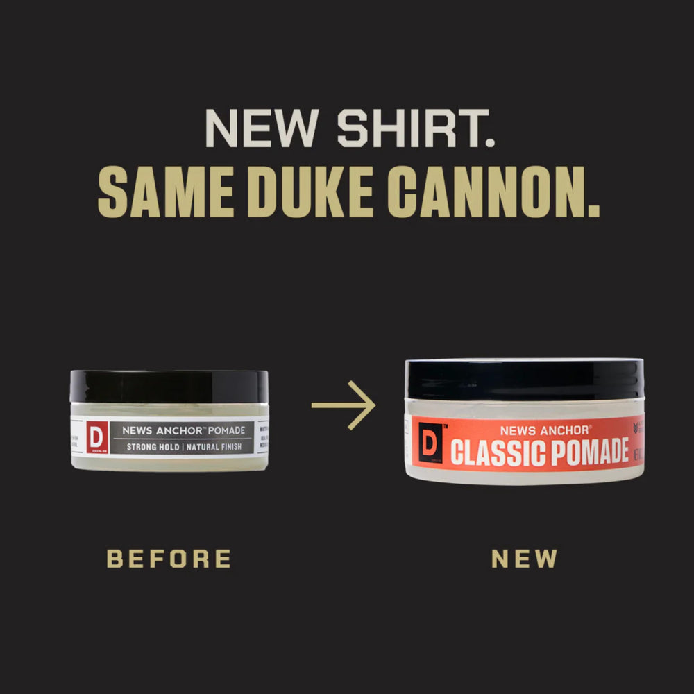 Hand holding Duke Cannon 2 oz tin to show scale and travel-friendly convenience benefit