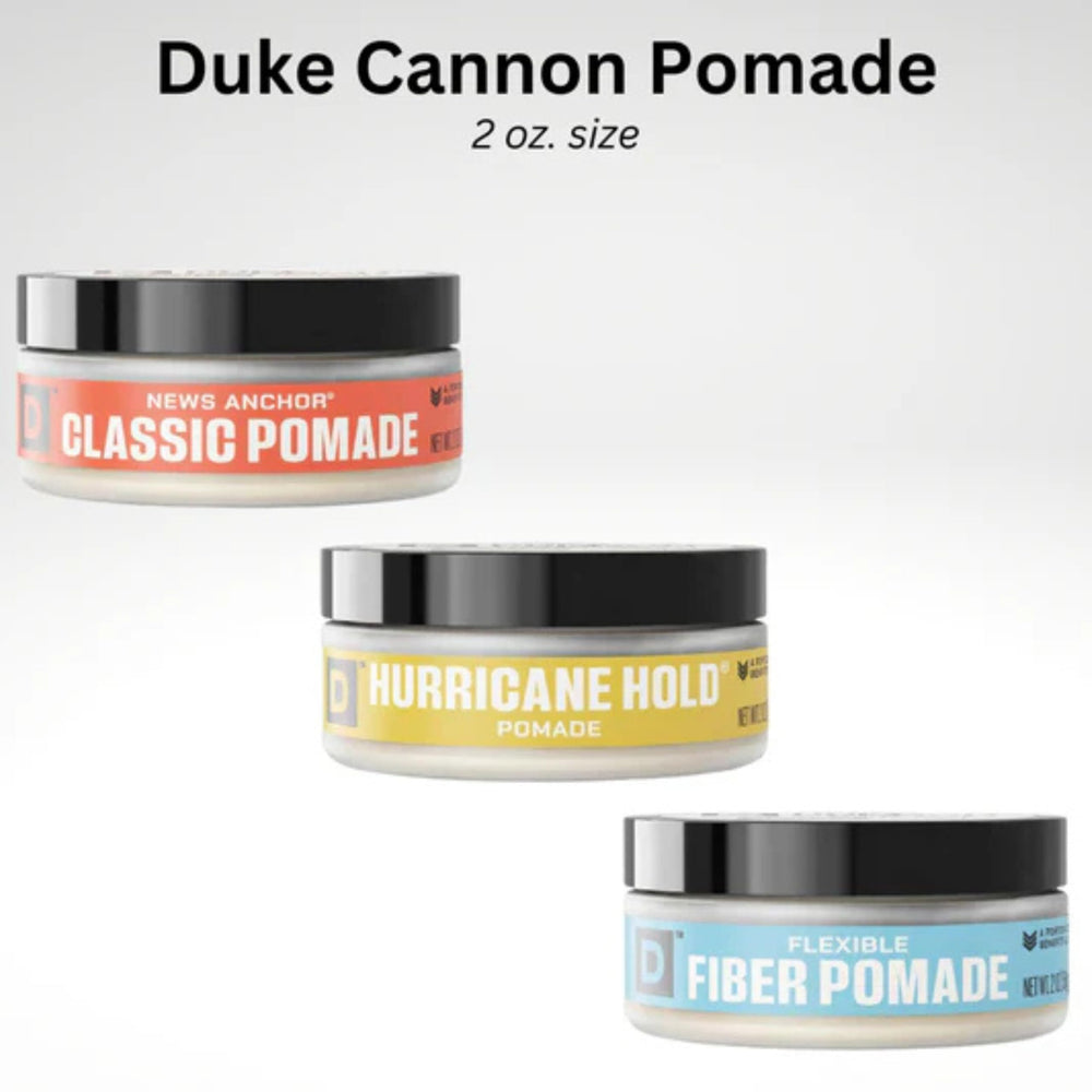 Duke Cannon pomade on bathroom shelf with other grooming products for cohesive routine benefit