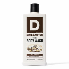 Duke Cannon front packaging showing bottle and Palomino label for confident grooming