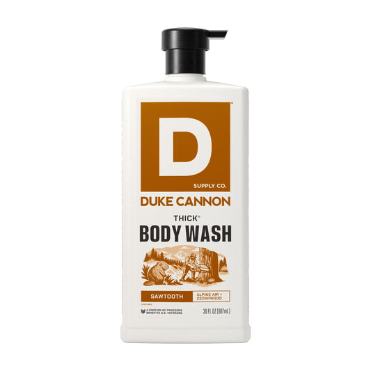 Duke Cannon front bottle shot showing 30 oz packaging and rugged label benefit longevity
