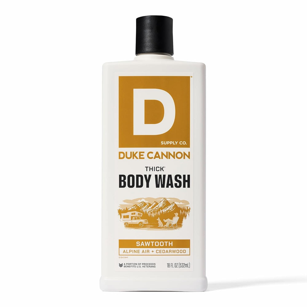 Duke Cannon front bottle showing Sawtooth label and rugged design, boosts confidence
