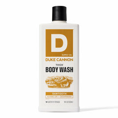 Duke Cannon front bottle showing Sawtooth label and rugged design, boosts confidence