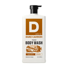 Duke Cannon front bottle shot showing 30 oz packaging and rugged label benefit longevity