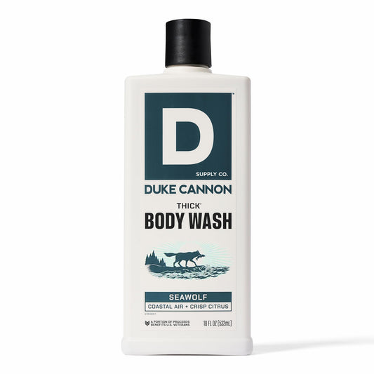 Duke Cannon bottle front view showing Seawolf label and bold packaging benefit