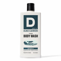 Duke Cannon bottle front view showing Seawolf label and bold packaging benefit