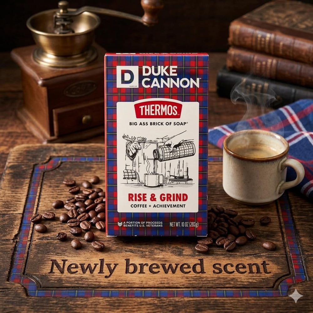 Duke Cannon bar staged with coffee beans conveying Rise & Grind scent boost benefit