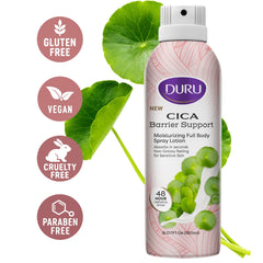 Duru being sprayed onto leg demonstrating hands-free easy application