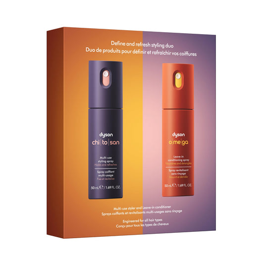 Dyson front packaging of the Define & Refresh duo showing luxury set and benefits