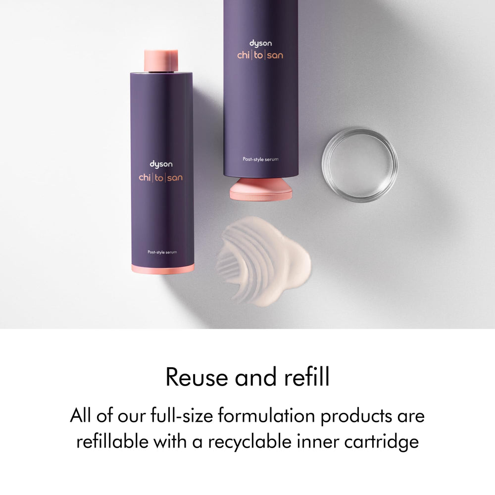 Dyson refill cartridge next to bottle, illustrating refillable full-size system
