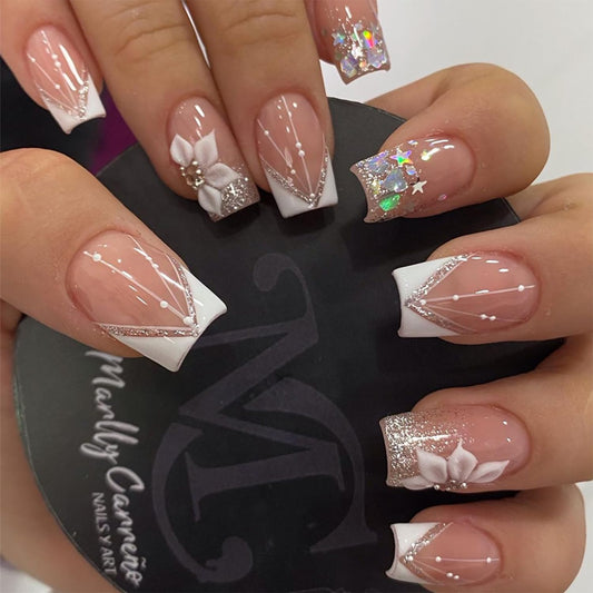 DZPGUONIZ front view of press-on nail set showing French tips and packaging benefit quick styling