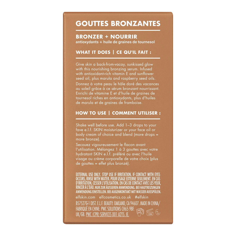 e.l.f. bronzing drops on vanity next to skincare showing daily routine integration
