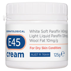 E45 jar front 125g showing product for soothing dry skin