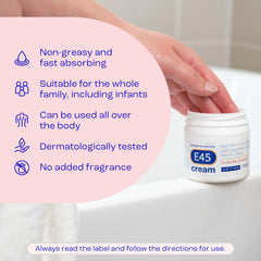 E45 label detail showing ingredients and dermatological focus