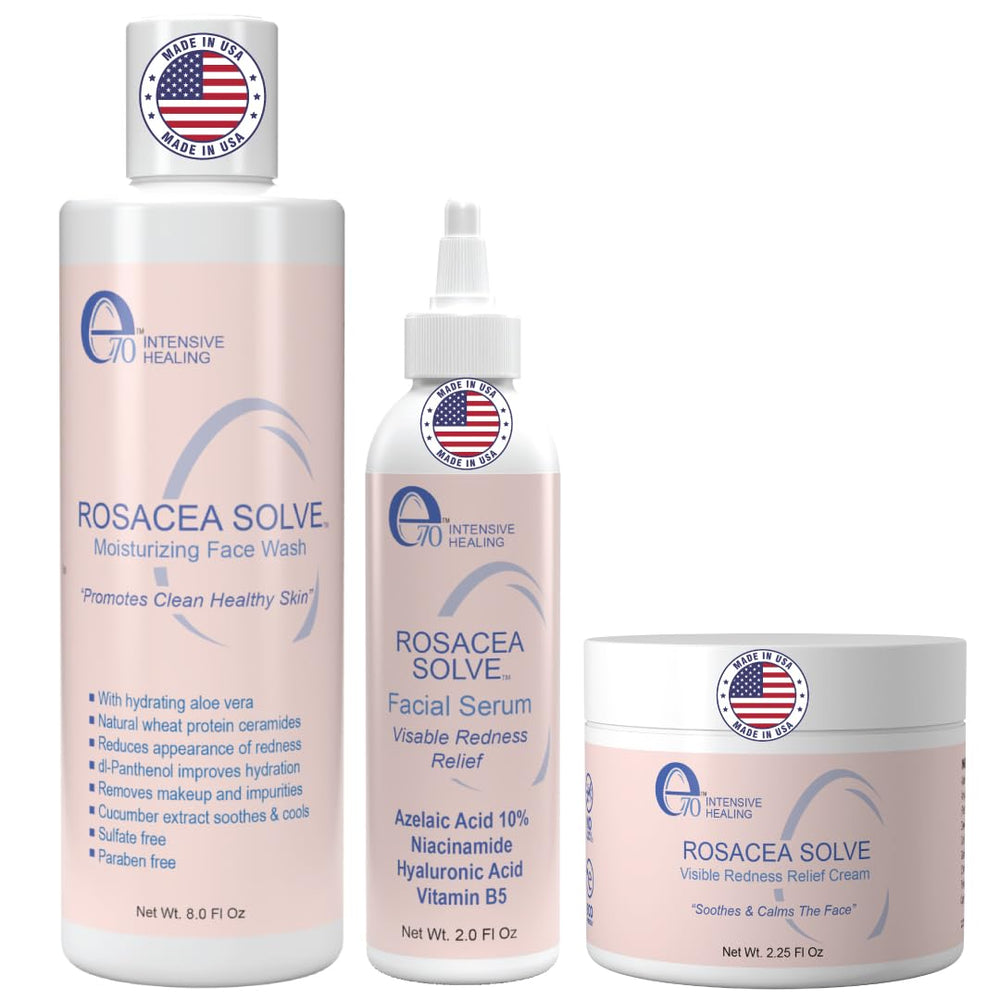 e70 front packaging showing full rosacea kit and calm skin benefit