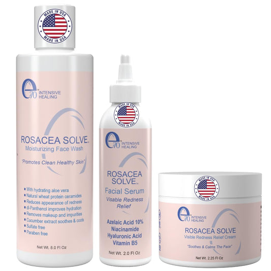 e70 front packaging showing full rosacea kit and calm skin benefit