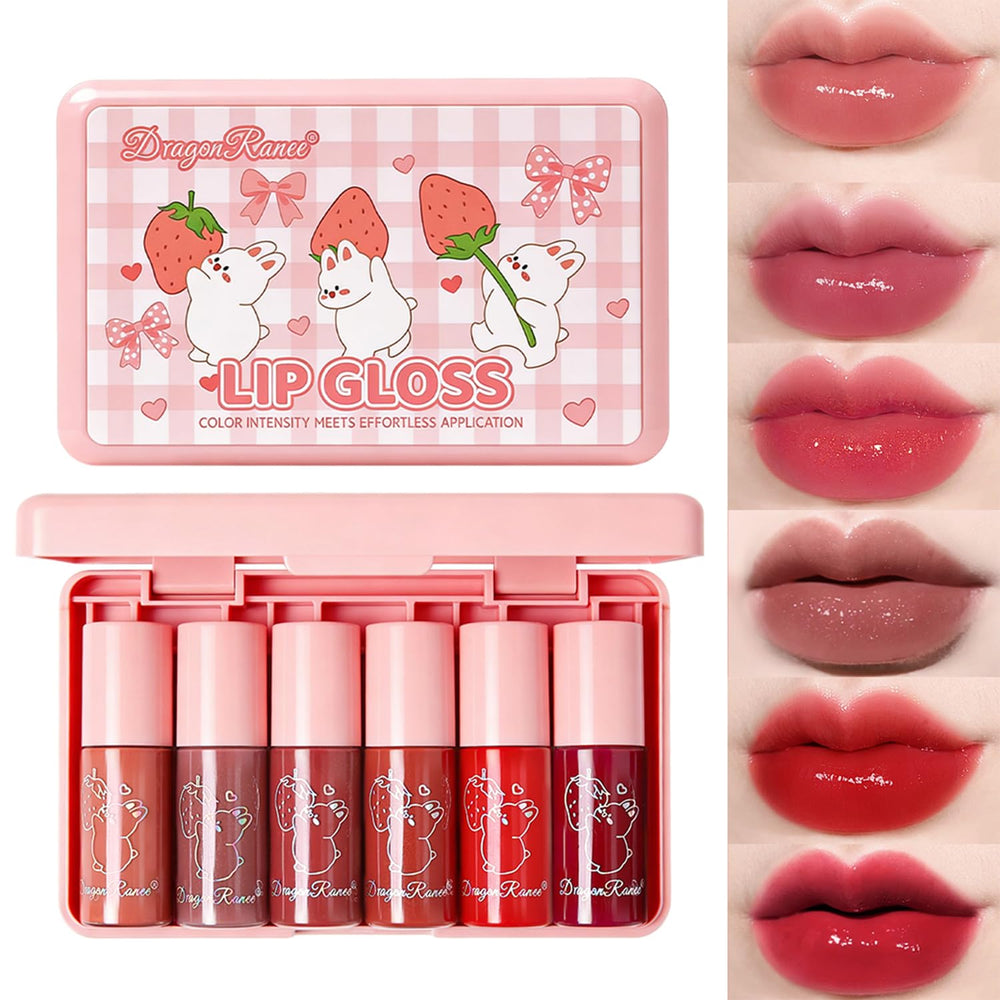 Eakroo front box collection showing six glosses and neat packaging benefit: convenient gift set