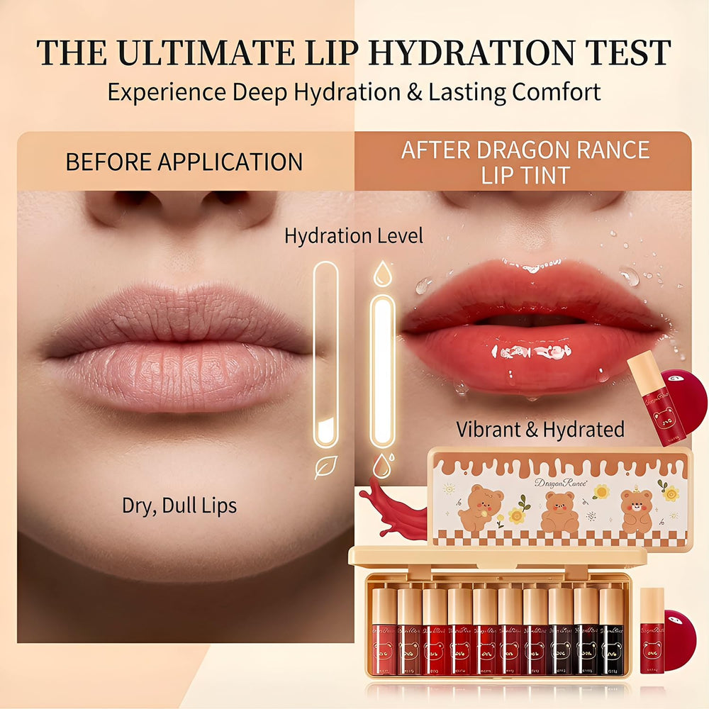Eakroo open case displaying ten distinct lip tint and gloss shades for variety