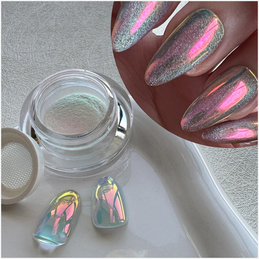 EARLMONI jar front view showing Aurora mermaid chrome powder and label benefit