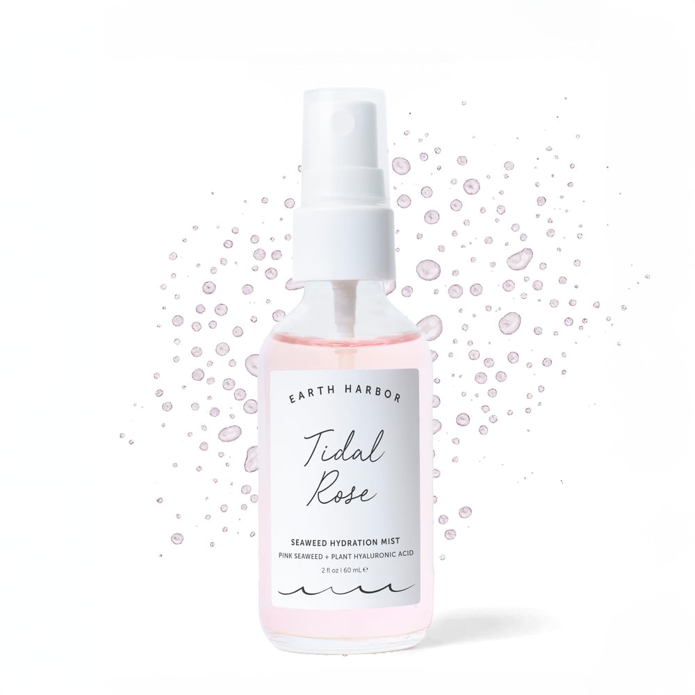 Earth Harbor front bottle showing the pink tidal rose toner and compact design benefits