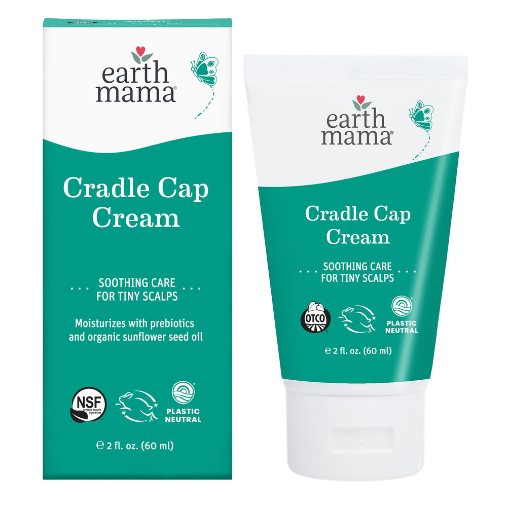 Earth Mama cradle cap cream front label showing product name and size for reassurance