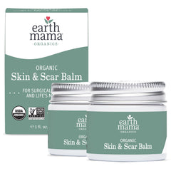 Earth Mama front packaging showing two balm tins and benefits