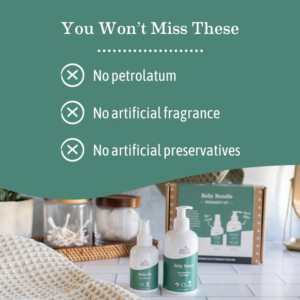 Earth Mama products beside a hand to show bottle sizes and travel-friendly scale