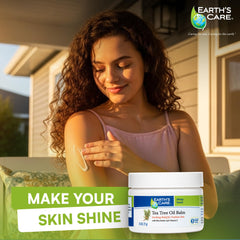 Tea tree oil bottle beside jar showing Earth's Care natural ingredient benefit