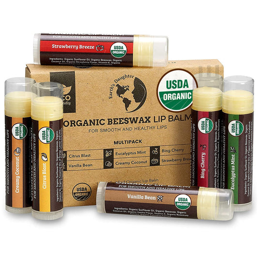 Earth's Daughter front packaging showing six USDA organic lip balms for convenient hydration