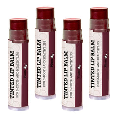 Earth's Daughter front packaging showing four Plum tinted lip balms for easy selection